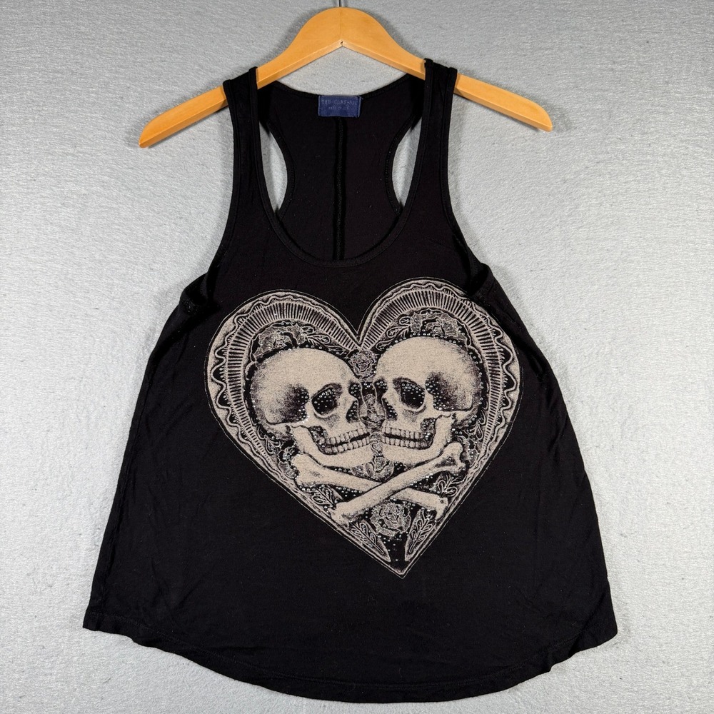 The Classic Womens Skull Heart Rhinestone Racerback Tank Top Black Size M TA1037